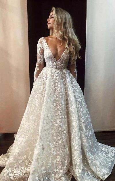 Deep V Neck Long Sleeve Lace Wedding Dress