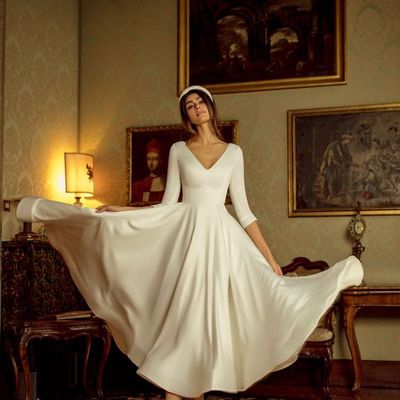 Elegant a-line v neck 3/4 sleeve midi satin wedding dresses - Thumbnail 2