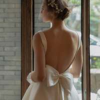 Vintage A-Line Square Neck White Satin Midi Wedding Gown,1950s White Prom Dress - Thumbnail 1