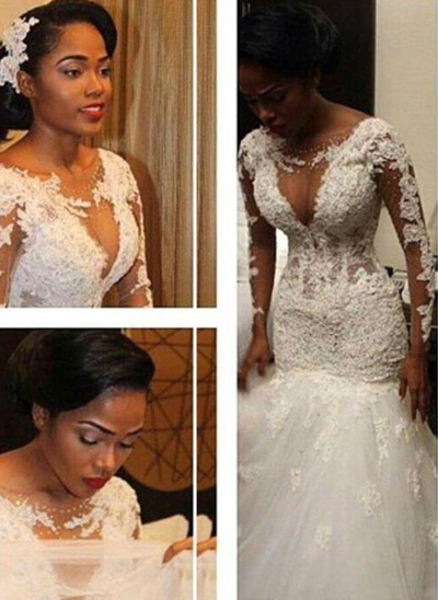 Trumpet/Mermaid V-neck Long Sleeves Lace Floor-Length Tulle Wedding Dresses,887