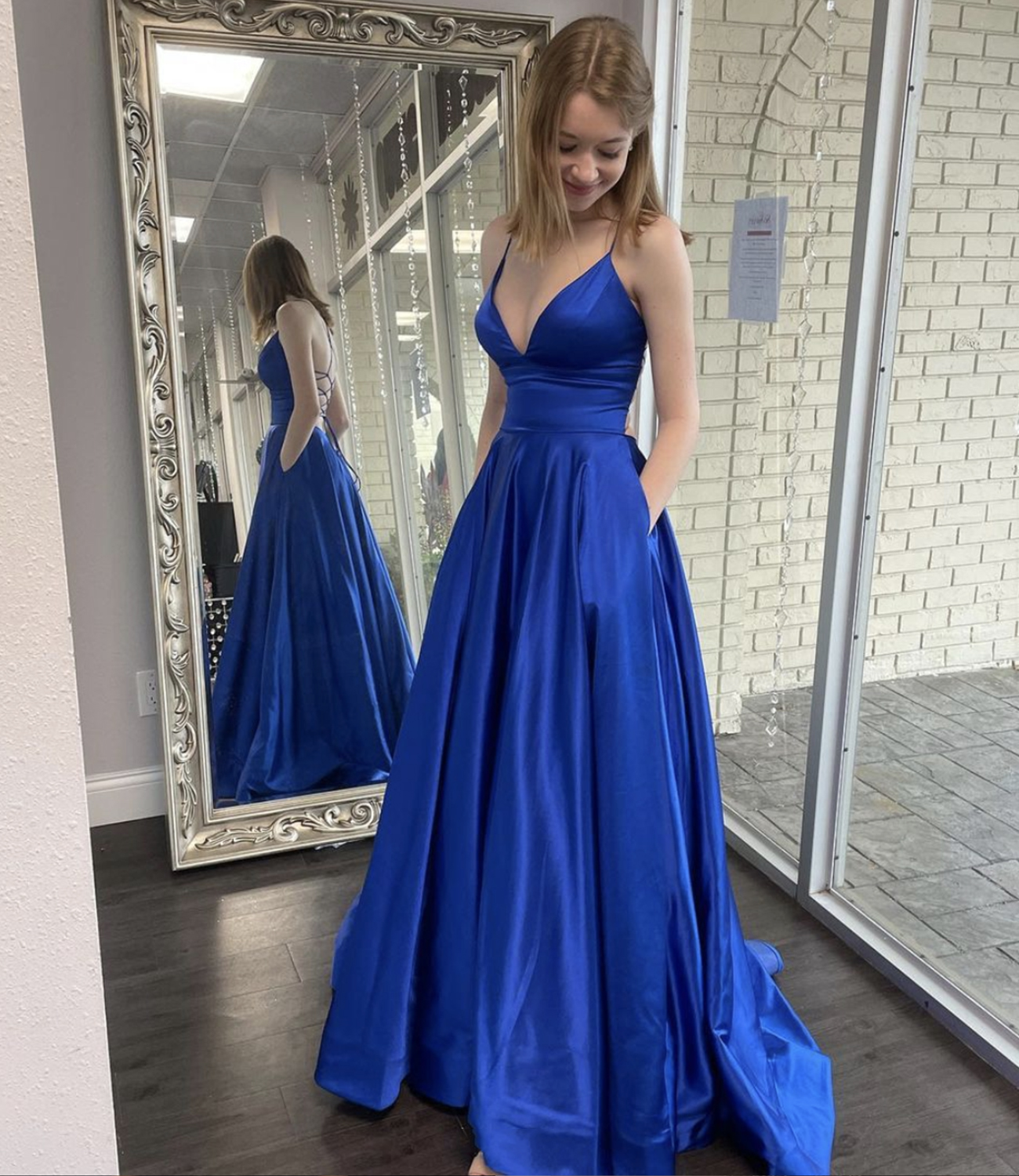 Blue satin long prom dress simple evening dress