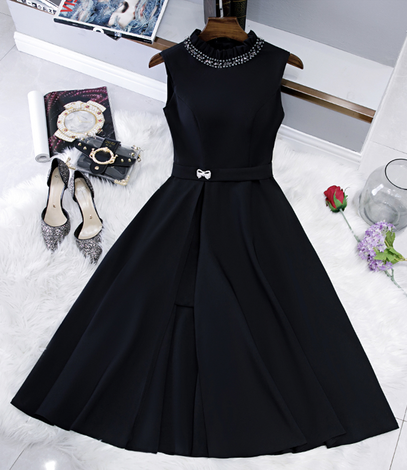 Black A line short prom dress party dress