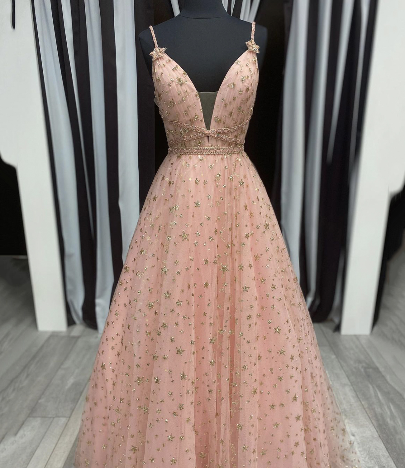 Pink tulle long prom dress A line evening dress