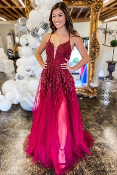 Elegant A-Line V Neck Dark Red Tulle Prom Evening Dress with Lace Appliques