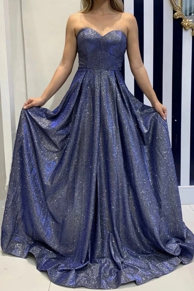 Glitter A-Line Sweetheart Navy Blue Long Prom Dress