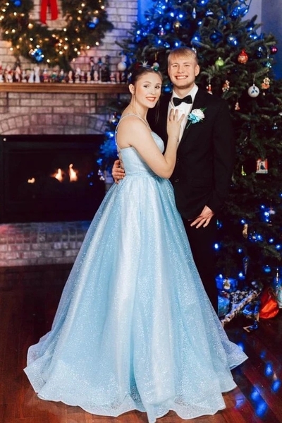 Unique A-Line Scoop Neck Cross Back Sky Blue Sparkly Prom Dresses