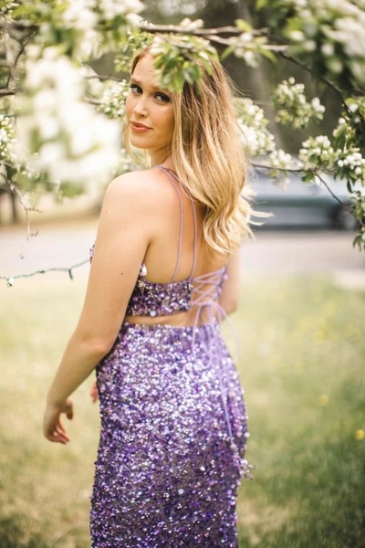 Two Piece Lilac Sequin Long Prom Evening Dress,Long Formal Dress
