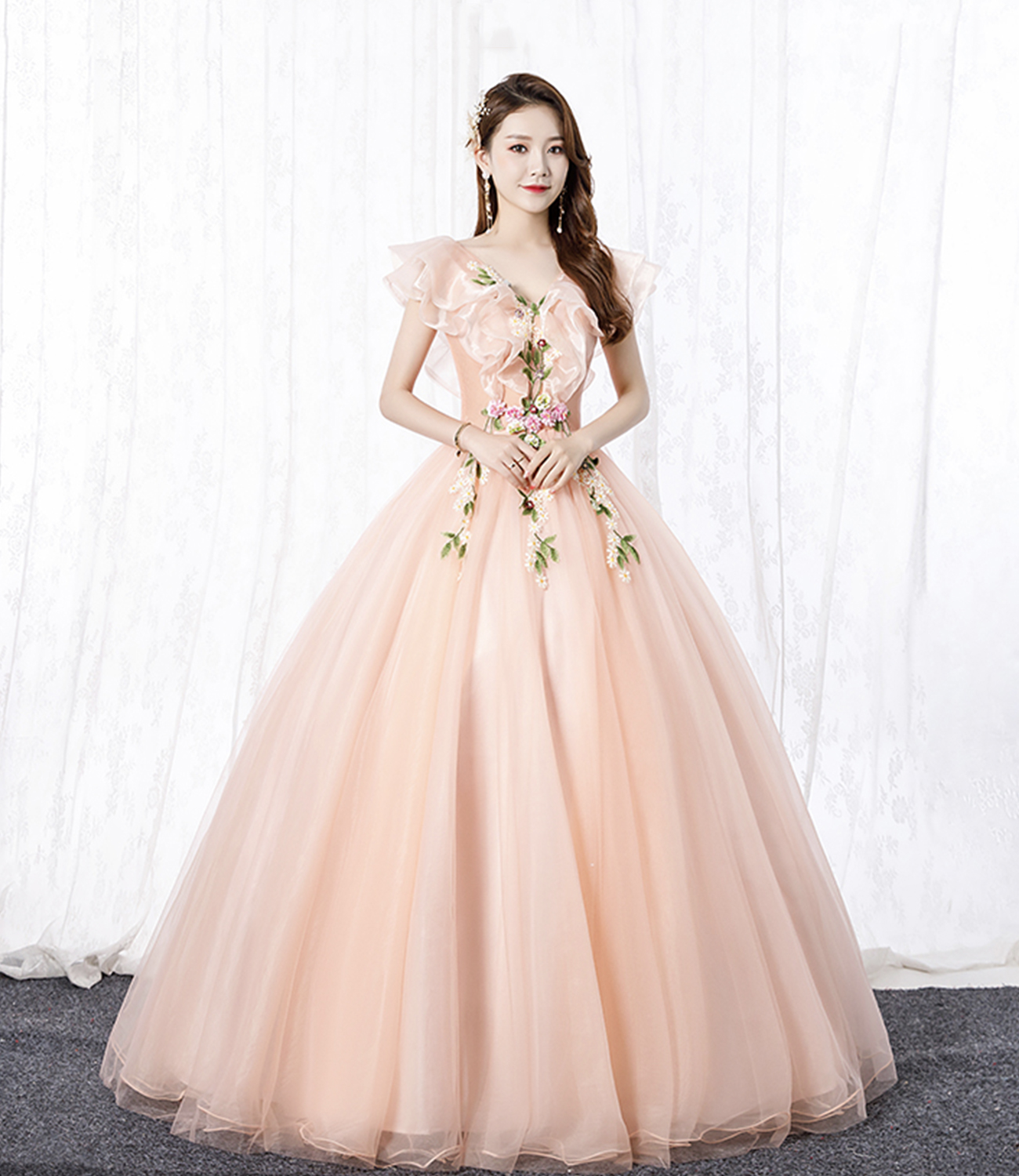 Pink tulle lace long ball gown dress formal dress