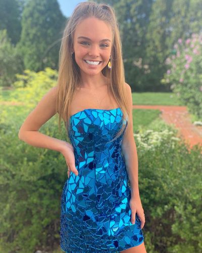 Glitter Bodycon Strapless Peacock blue Sequin Mini Evening Dress Sexy Party Dress