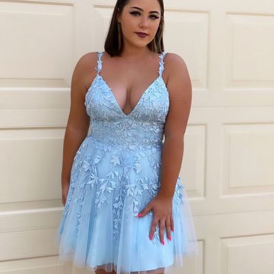 Plus size short homecoming dress sky blue lace short prom dress v neck coaktail party dress - Thumbnail 4