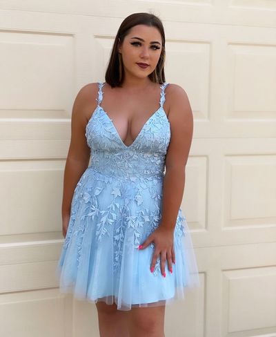 Plus Size Short Homecoming Dress Sky Blue Lace Short Prom Dress V Neck Coaktail Party Dress