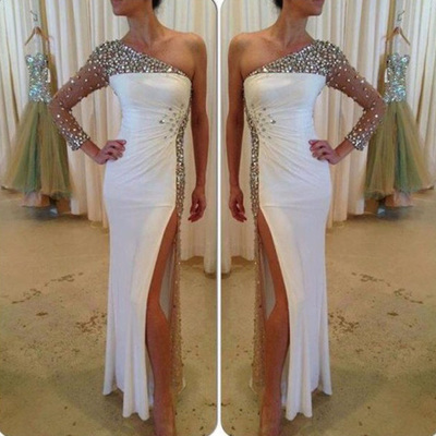One shoulder prom dresses,White Trumpet Mermaid One Shoulder Ankle-length Elastic Woven Satin Evening Dress Prom Dresses,892