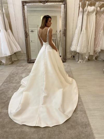 White v neck satin lace long prom dress evening dress wedding dress,128
