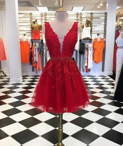 Simple Red Applique Lace Homecoming Dress,Straps V-Neck Short Prom Dress,Sweet 16 Dress,130