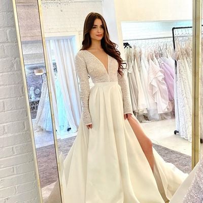 Sparkly ball gown v neck long sleeves satin wedding gowns - Thumbnail 2