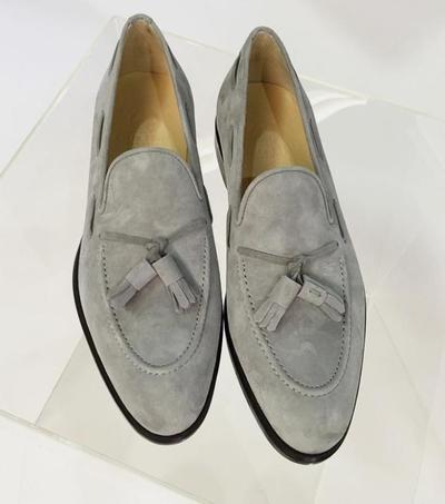 HANDMADE MEN GREY SUEDE TASSELS LOAFER BEAUTIFULLY STITCHED SHOES