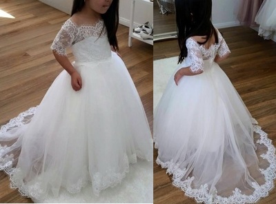 Short Sleeve Lace Applique Cute Wedding Girl Dress Flower Girl Dress Foraml Occasion Kids Clothing Princess Dress,136