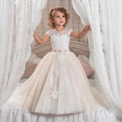 Cute short sleeves long flower girl dress,lace appliques girl dress,138