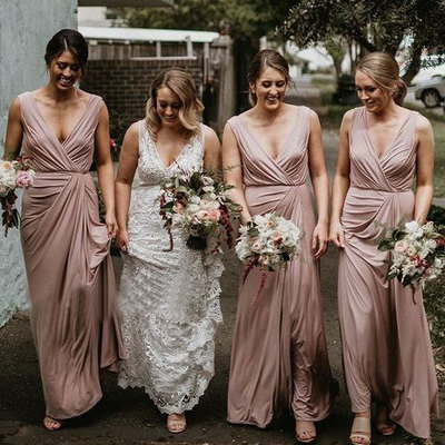 Elegant sheath v neck blush elastic satin long bridesmaid dresses - Thumbnail 3