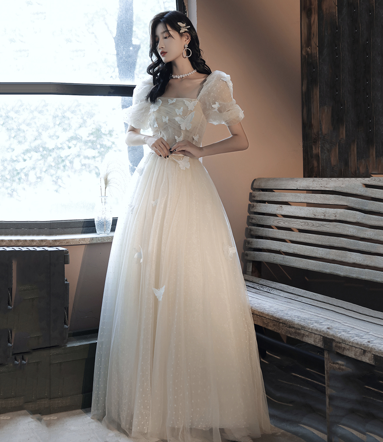 Champagne tulle long prom dress A line evening dress