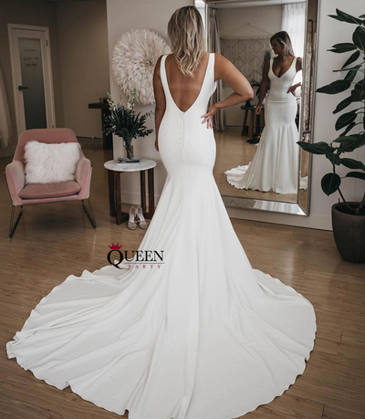 Elegant Ivory V-Neck Mermaid Soft Satin Wedding Dress Evening Gown With Long Train,147