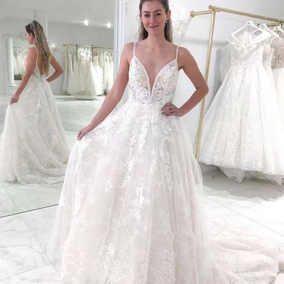 Gorgeous a-line v neck backless white lace wedding dresses - Thumbnail 3