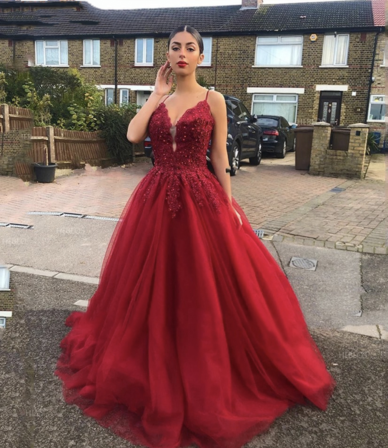 Red lace long ball gown dress A line evening dress