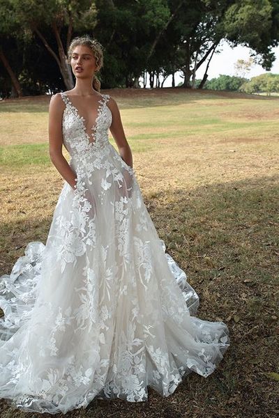 Gorgeous A-Line V Neck White Lace Spring Wedding Dress with Pockets