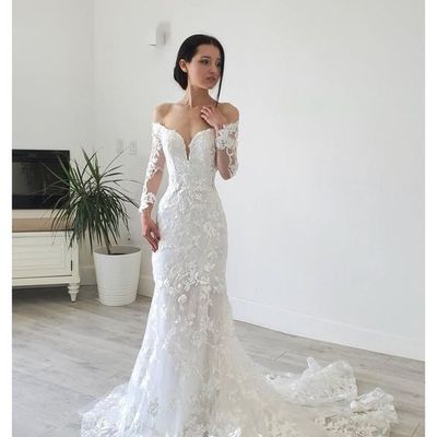 Elegant mermaid long sleeve off the shoulder lace wedding dress - Thumbnail 4