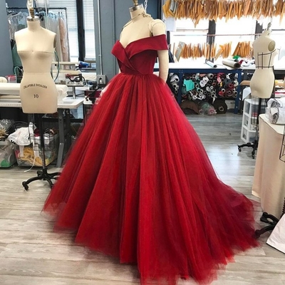 Red off shoulder long prom dress, red evening dress,158