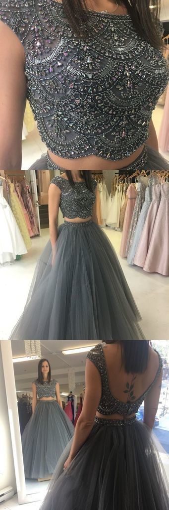 Two Pieces Gray Prom Dress,A-Line Evening Dress,Prom Dresses,163