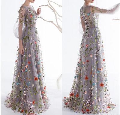 Long Sleeves Prom Dresses 2021 Trendy Floral Embroidery A-line Evening Dresses Formal Party Gowns Pageant Dress,171