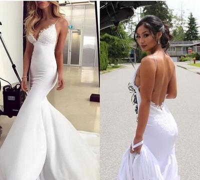 2021 Sexy Backless Mermaid Wedding Dresses Cheap White Spaghetti Lace Appliques Sweep Long Gorgeous Bridal Gowns,176