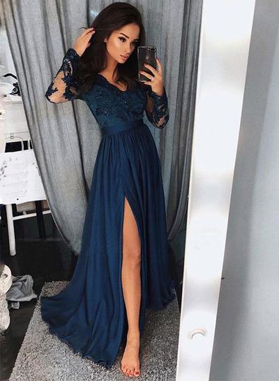Sleeve Prom Dress with Slit,Long Homecoming Dress, Back to Schoold Party Gown,179