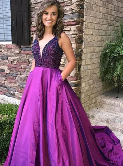 Prom Dress 2021 with Pockets,Long Homecoming Dress, Back to Schoold Party Gown,Purple with Beads Prom Dresses,180