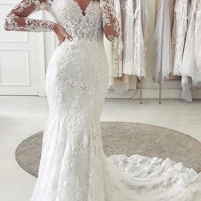 Charming mermaid off the shoulder long sleeve lace wedding dresses - Thumbnail 1