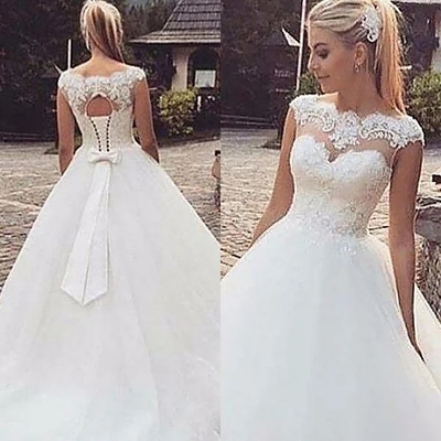 Ball gown sleeveless bateau lace tulle court train wedding dresses - Thumbnail 4