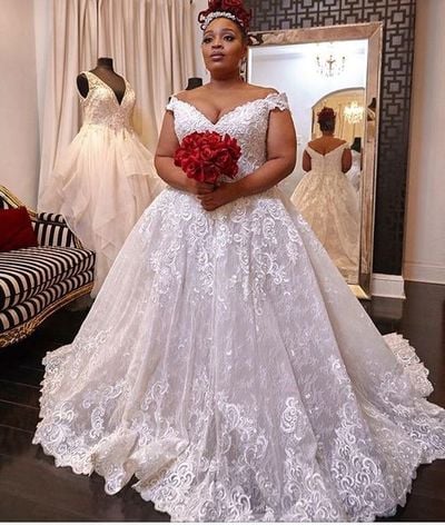 Ball Gown Off the Shoulder Lace Plus Size Wedding Dress