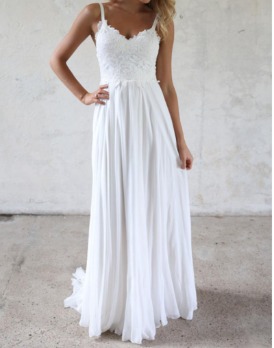 Elegant A-Line V Neck Open Back White Lace Beach Wedding Dresses,Simple Wedding Gown,185