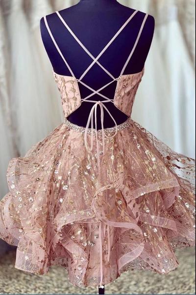 V Neck Short Champagne Lace Prom Dresses with Corset Back, Short Lace Formal Homecoming Graduation Dresses,195