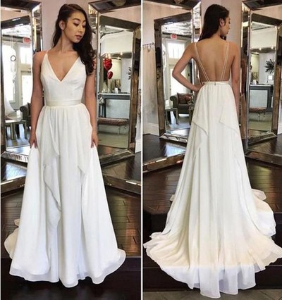 2021 Simple Cheap Sexy Ivory A-line Chiffon V-Neck Sleeveless Ruffles Backless Wedding Dress,905