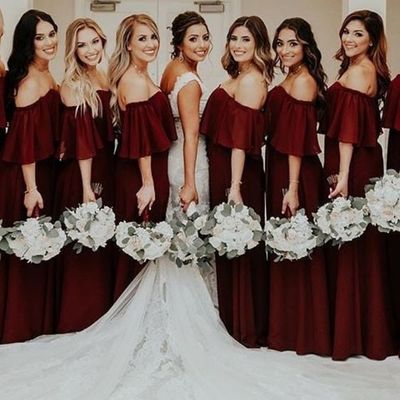 Boho a-line off the shoulder burgundy chiffon long bridesmaid dress  - Thumbnail 3