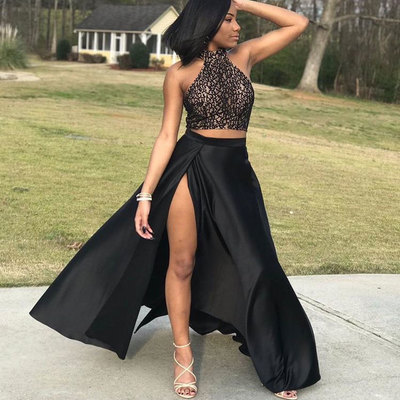 Two piece black prom dresses slit - Thumbnail 3
