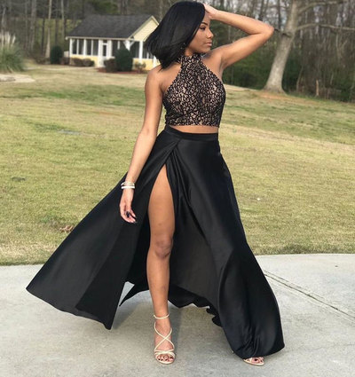 Two Piece Black Prom Dresses Slit