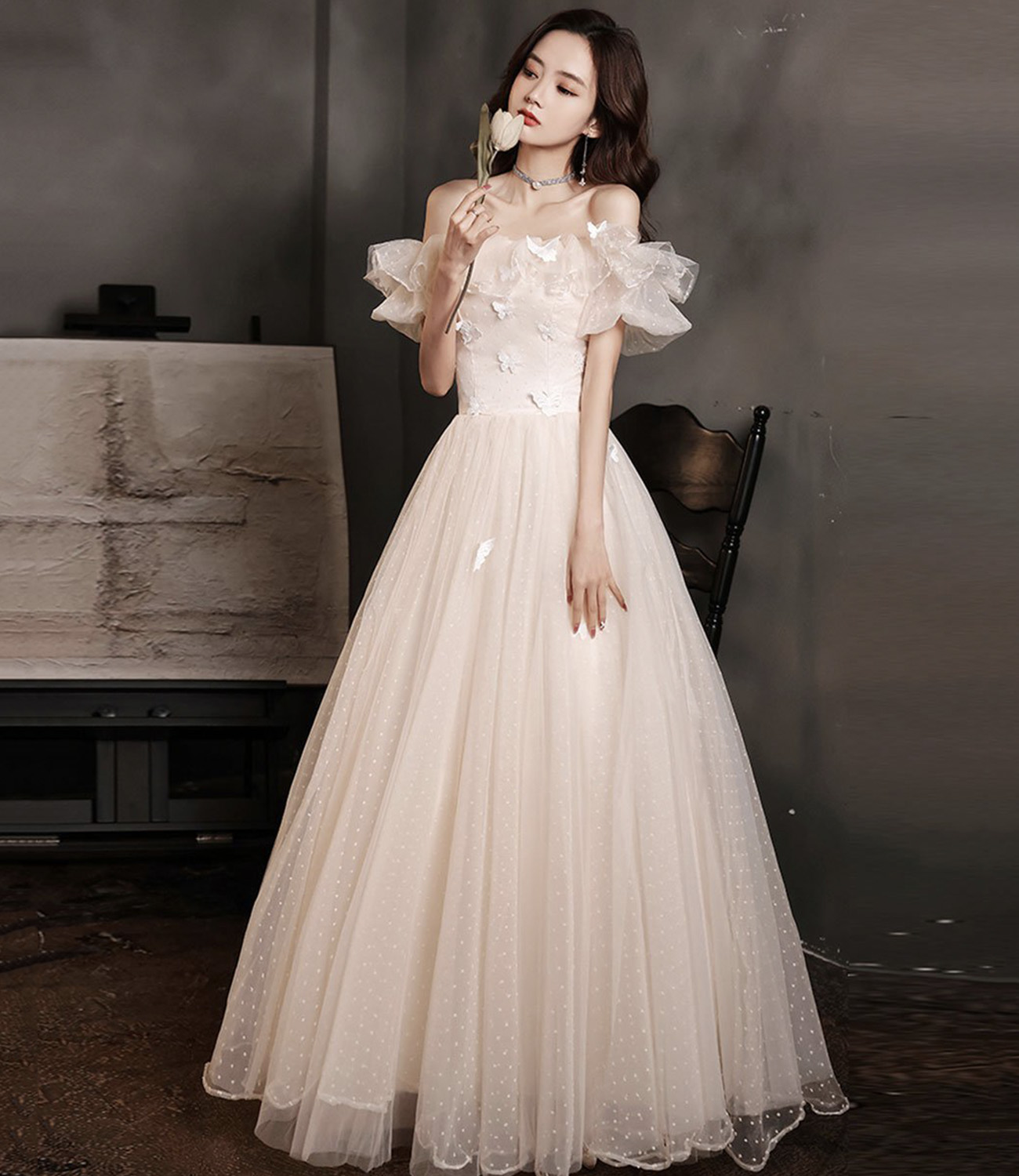 Champagne tulle long prom dress evening dress