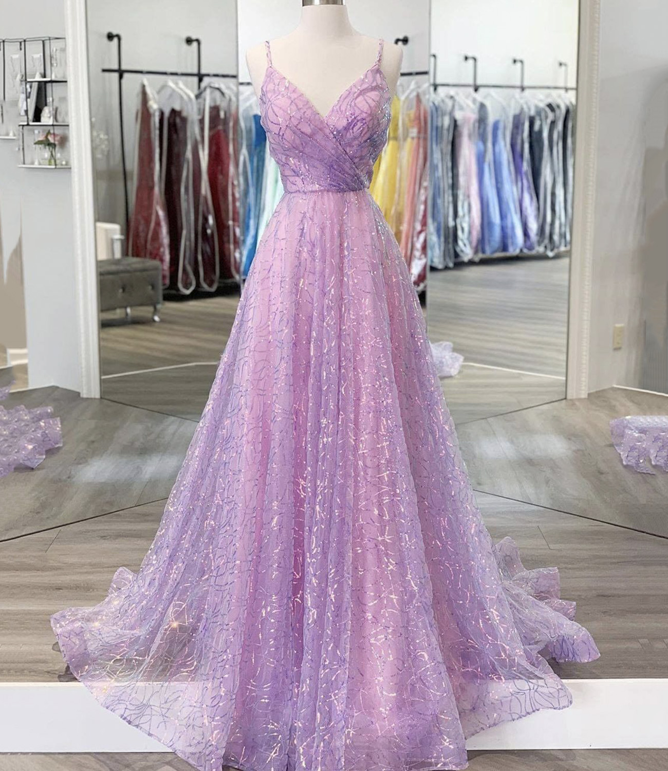 Purple sequins long prom dress A line evening dress