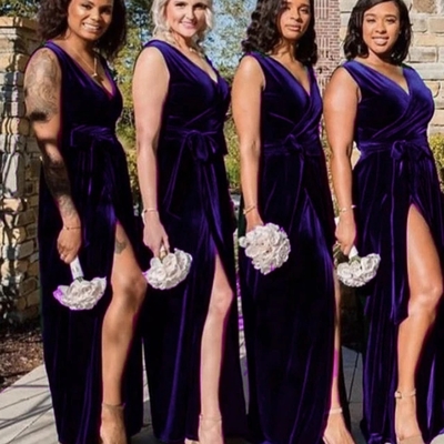 Elegant sheath v neck dark green split velvet bridesmaid dresses - Thumbnail 2