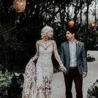 Bohemian Mermaid V Neck Long Sleeves Lace Beach Wedding Dresses - Thumbnail 2
