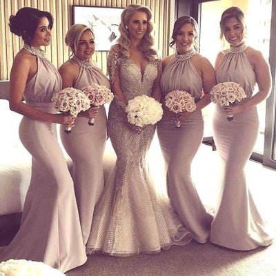 Elegant mermaid halter elastic satin bridesmaid dresses with beading - Thumbnail 1