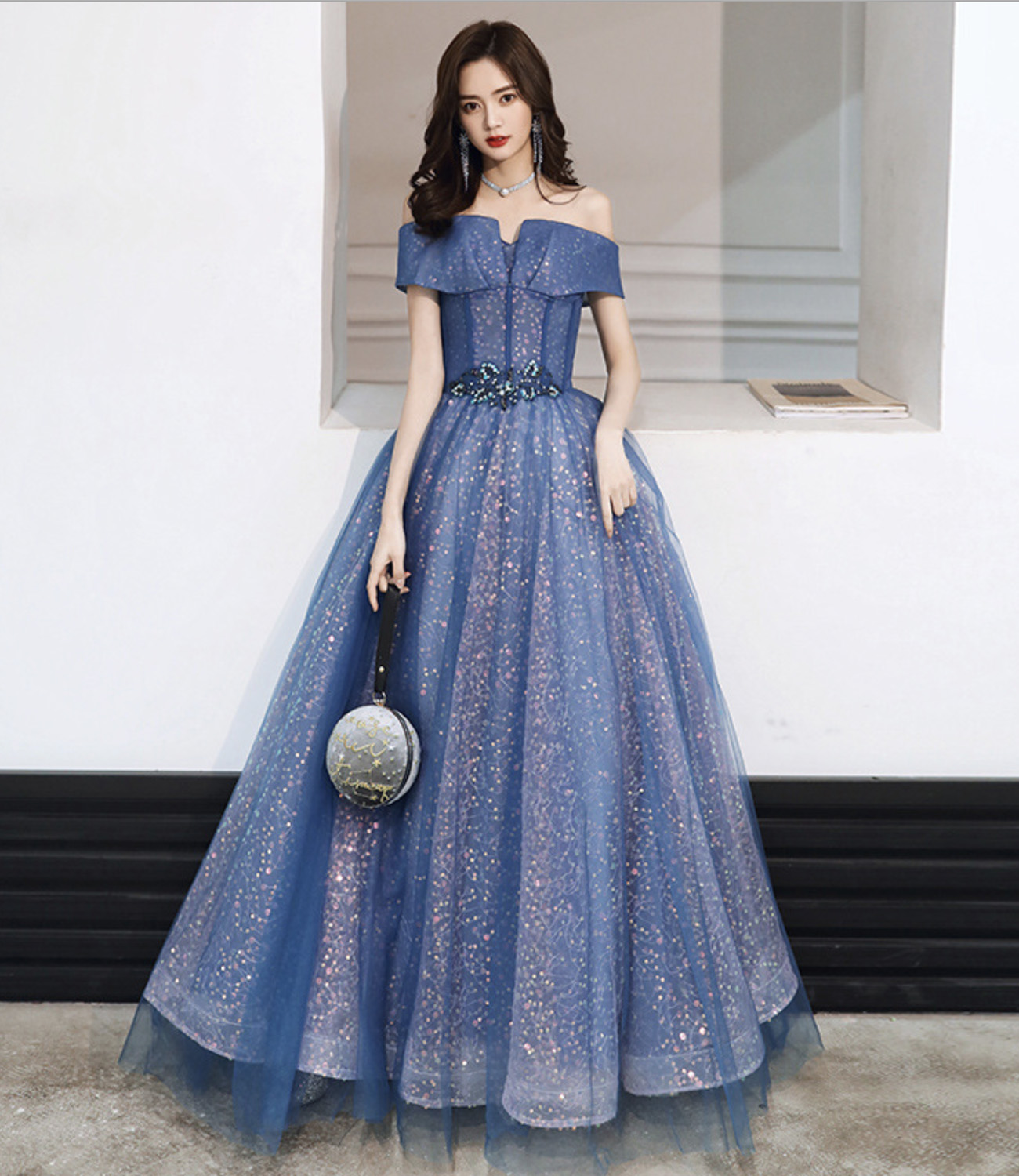 Blue tulle sequins long ball gown dress formal dress